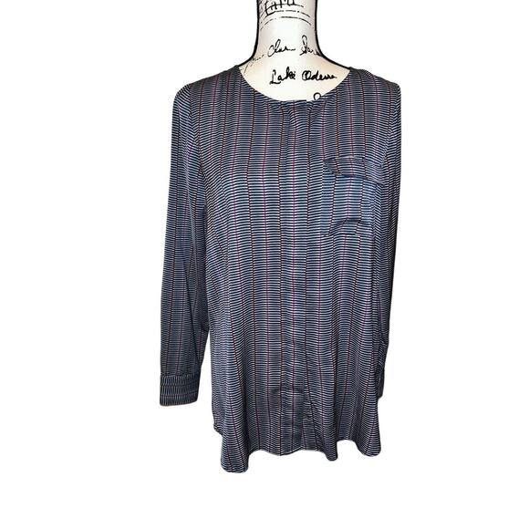 Anthropologie Lilla P Striped Blouse Size Medium Navy Blue Geometric - Picture 1 of 9